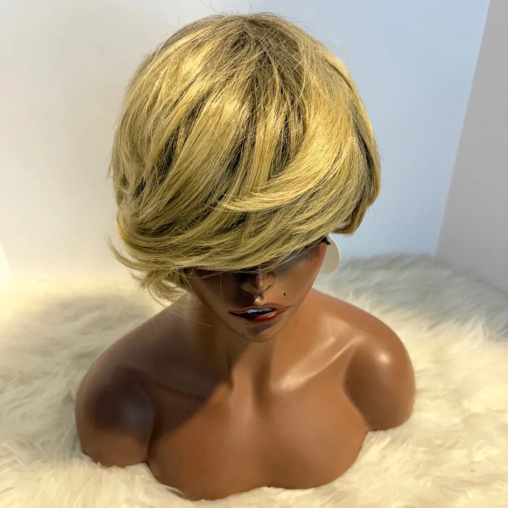 Womens Blonde Short Pixie Cut Bob Wig Side Swept Bangs Layered Hairpiece